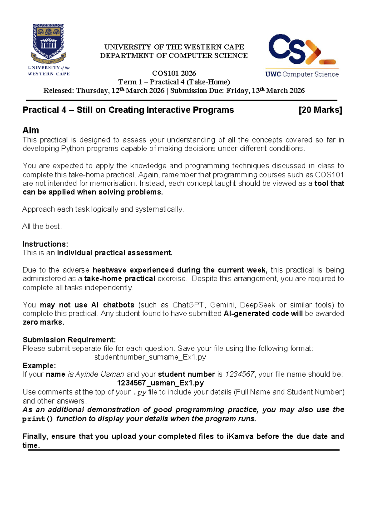 COS101 2026 Term 1 Practical 4: Creating Interactive Python Programs ...