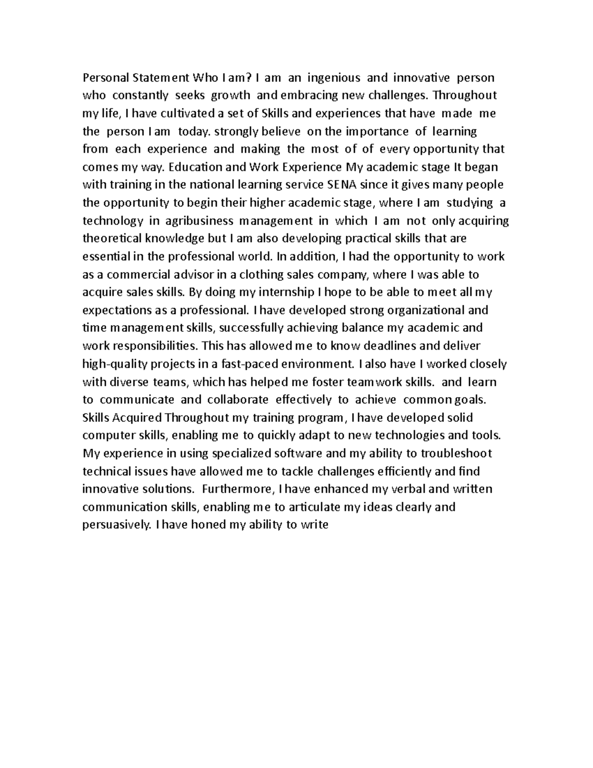 Personal Statement: My Journey in Agribusiness Management - Studocu