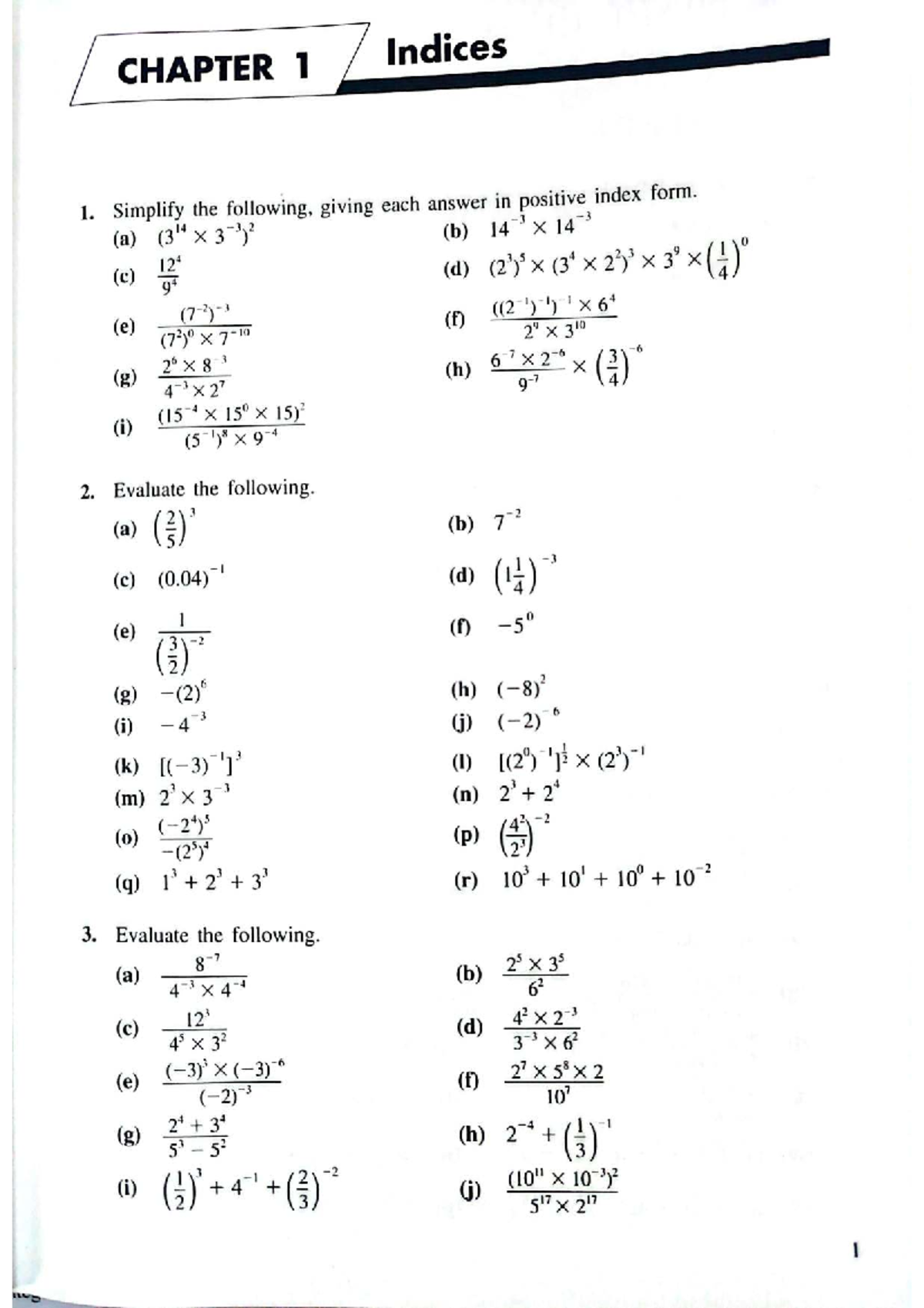 CHAPTER 1: Indices - Simplification and Evaluation Exercises - Studocu
