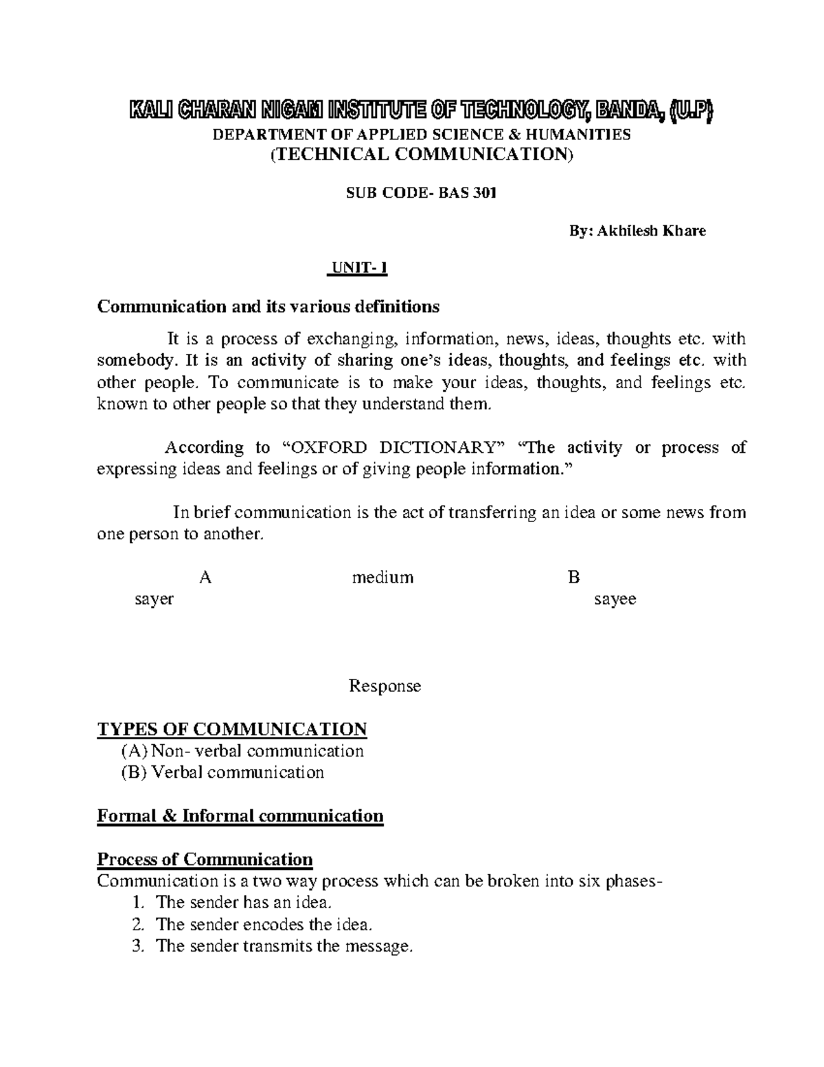 TC unit 1 notes - Technical communication - DEPARTMENT OF APPLIED ...
