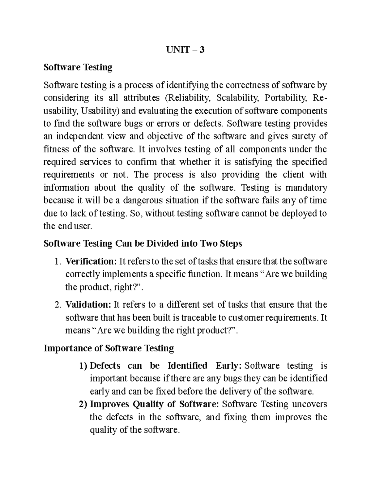 Software Engineering Notes: Unit 3 - Software Testing Overview - Studocu