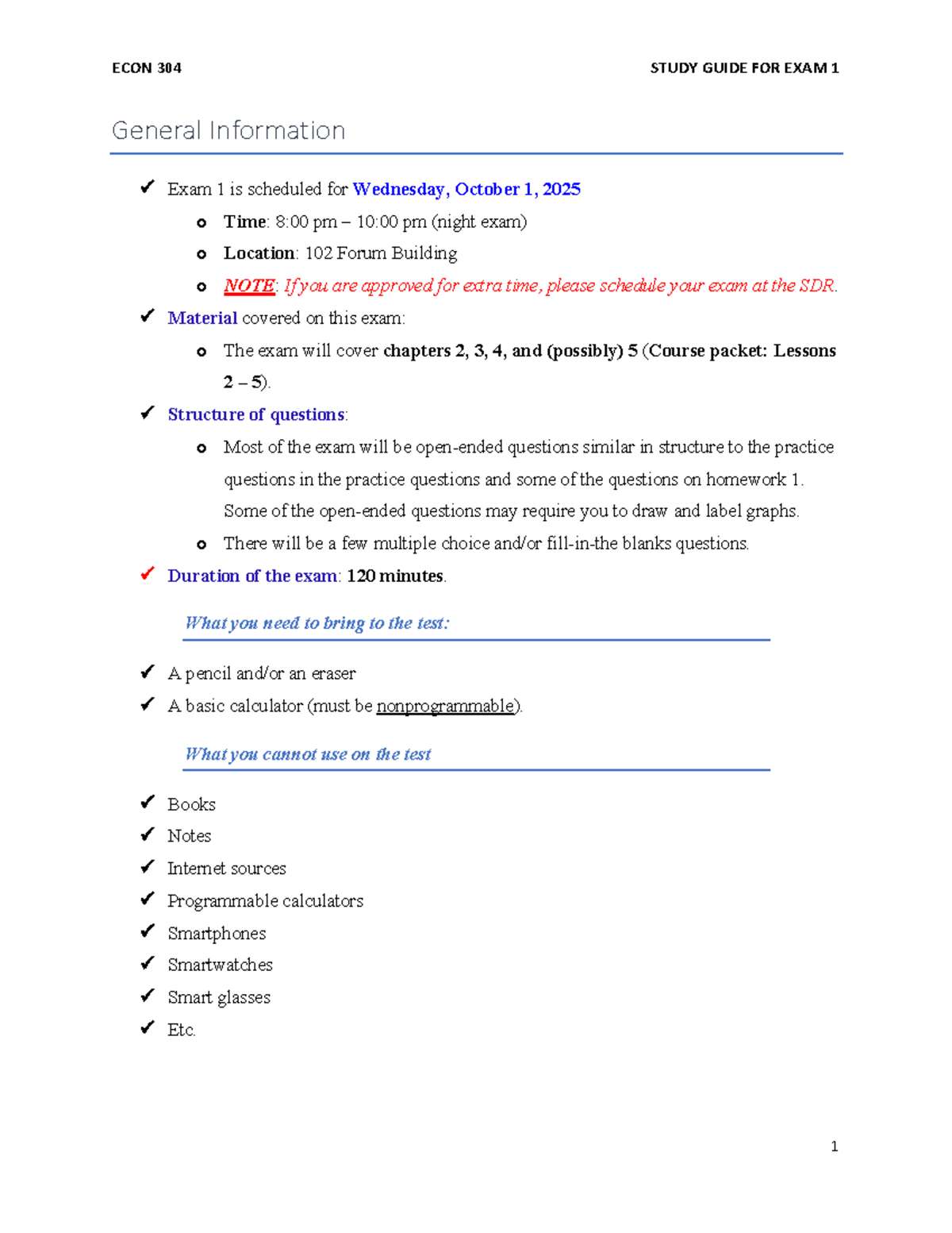 ECON 304 Study Guide for Exam 1: Key Concepts & Review - Studocu
