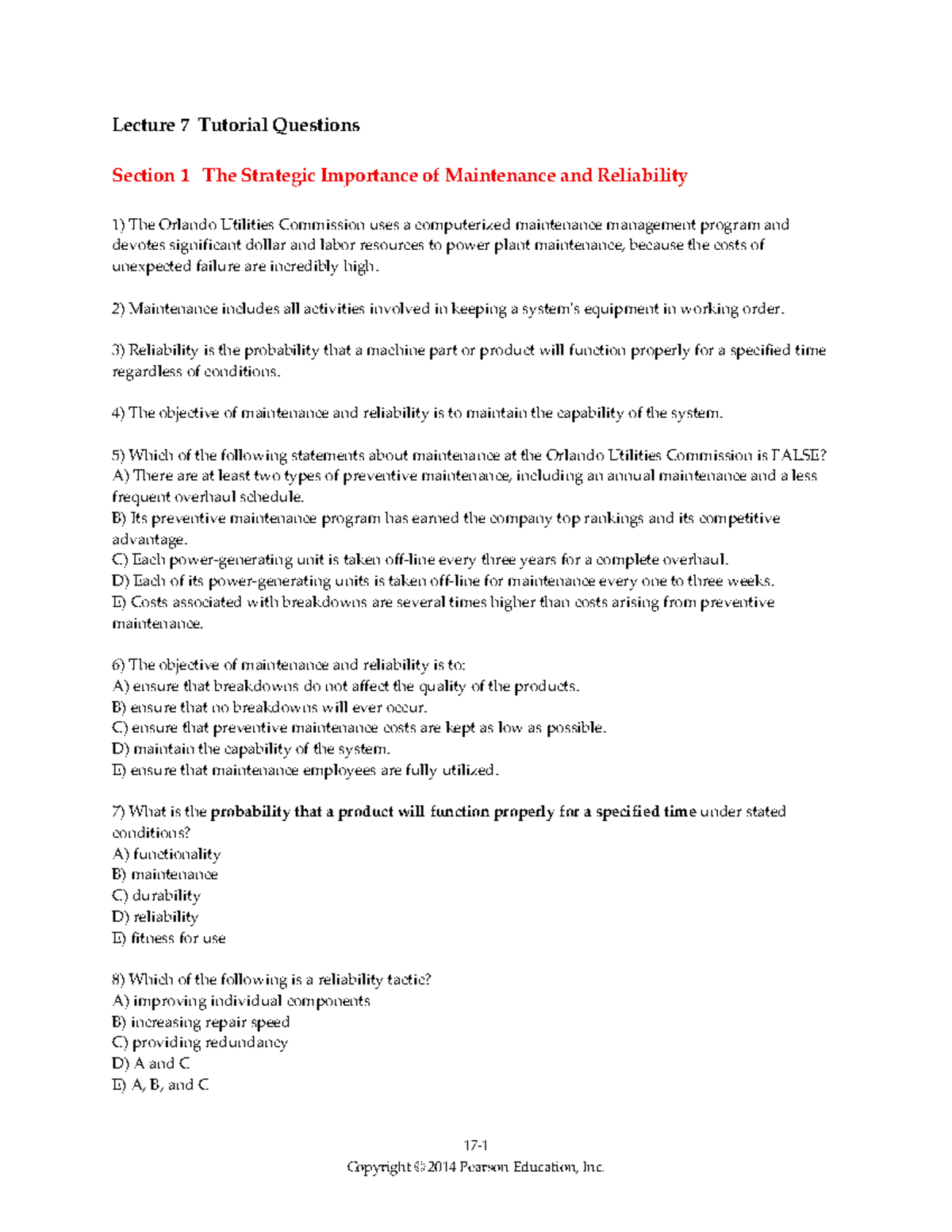 Lecture 7 Tutorial Questions: Strategic Maintenance & Reliability ...