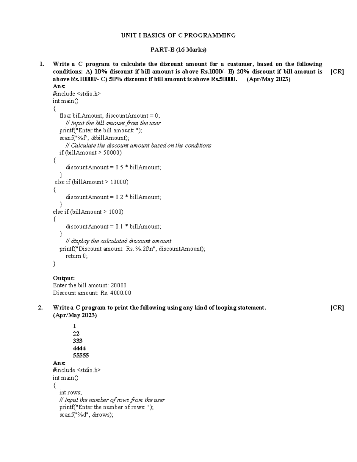 C Programming Basics: Unit I (16 Marks) - Key Concepts and Examples - Studocu