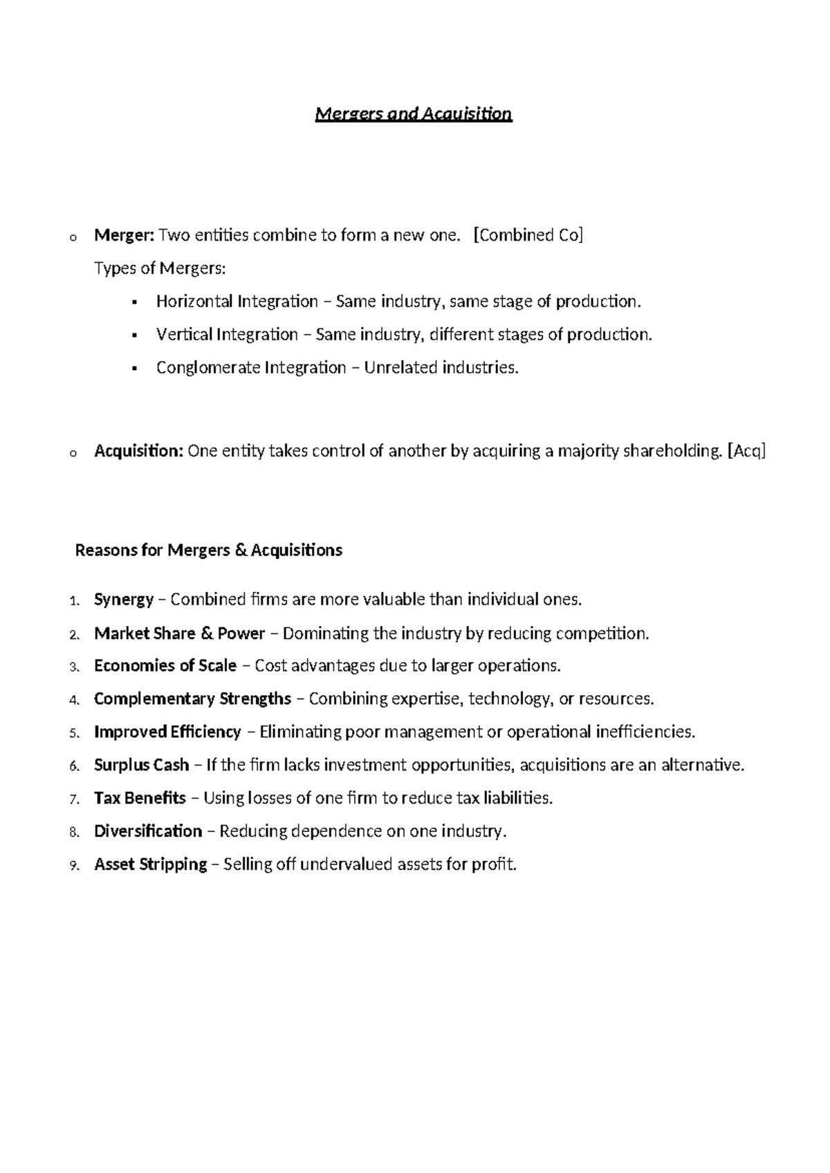 ACCA Mergers and Acquisitions: Principles, Risks, and Strategies - Studocu