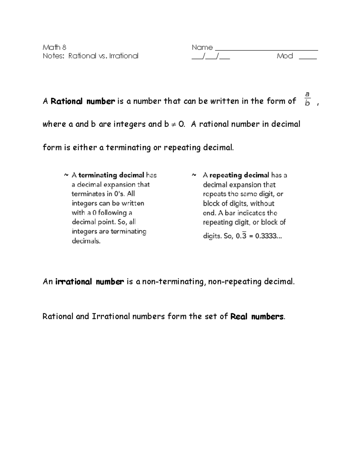 Math 8 Class Notes: Understanding Rational vs. Irrational Numbers - Studocu