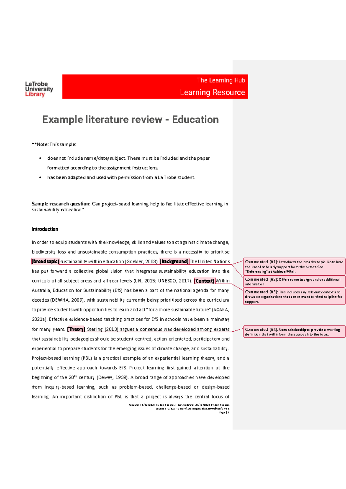 Example literature review - Education - Created: 16 / 12 /2021 by Zoe ...