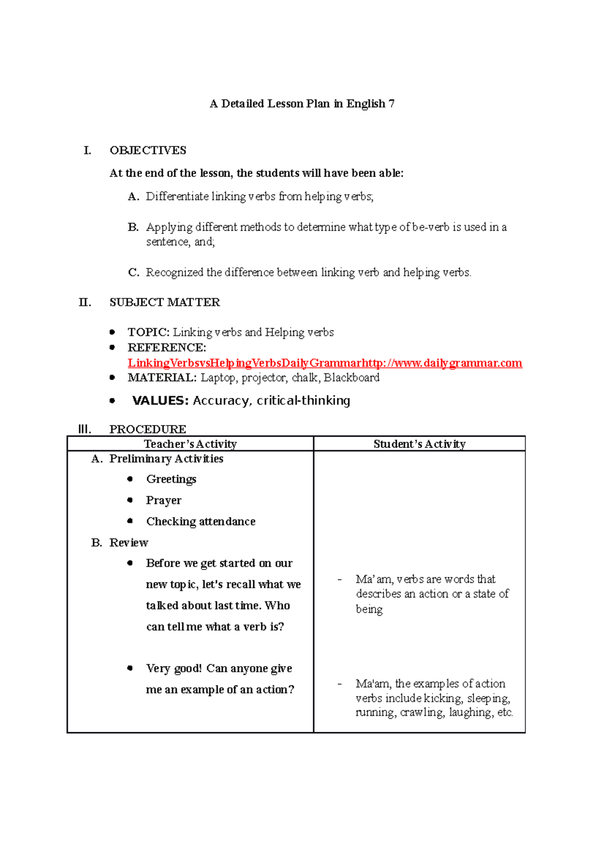 English 7 Detailed Lesson Plan: Linking vs Helping Verbs - Studocu
