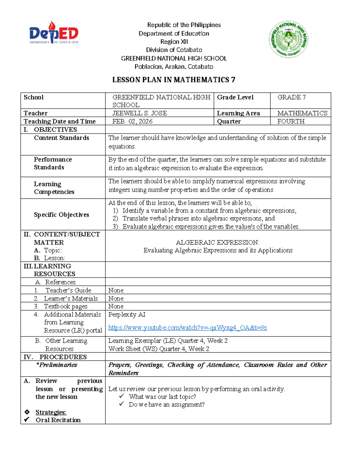 GRADE 7 MATHEMATICS LESSON PLAN: ALGEBRAIC EXPRESSIONS - Studocu