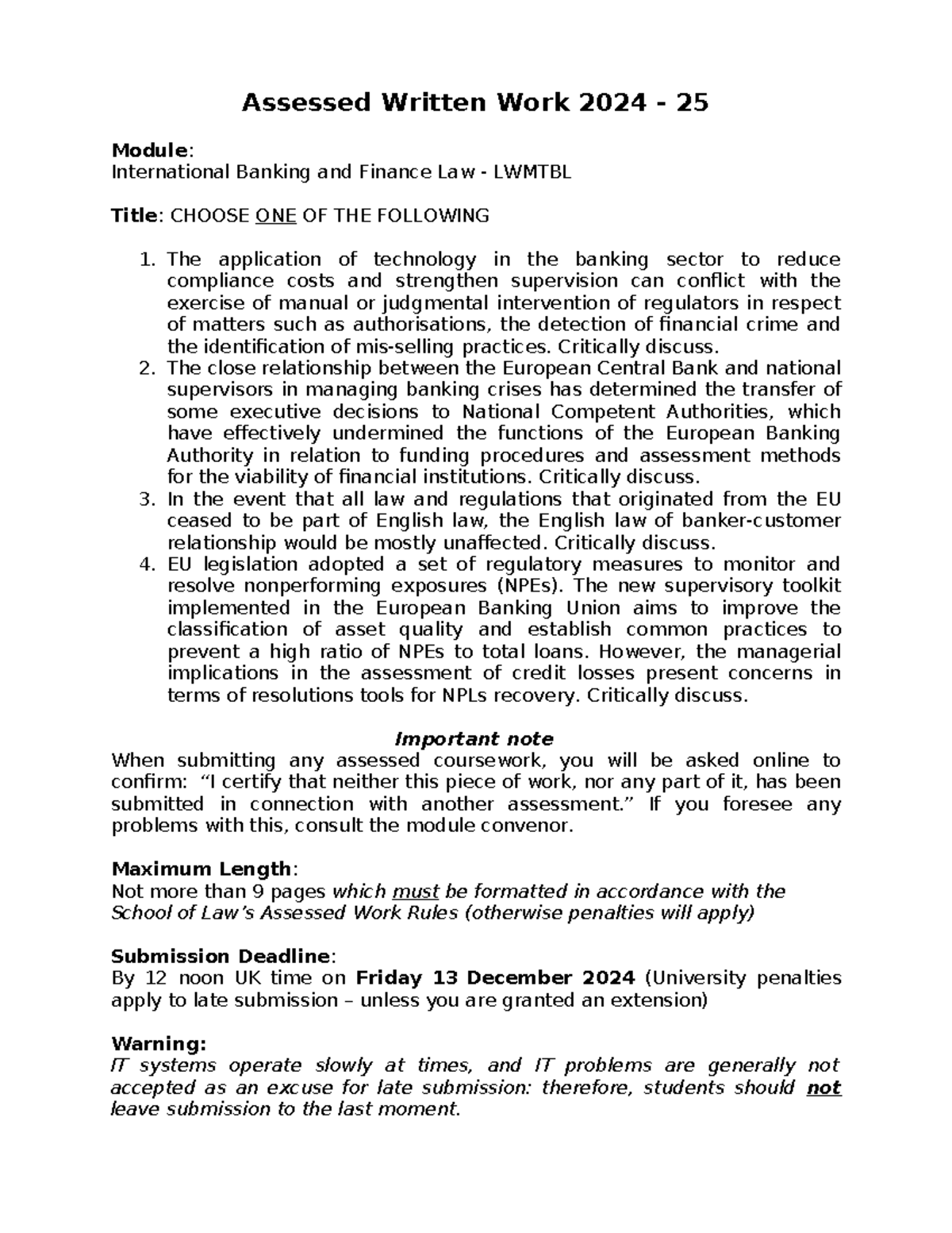 Lwmtbl Assessed Essay Title 2024-25 (60%) - Assessed Written Work 2024 ...