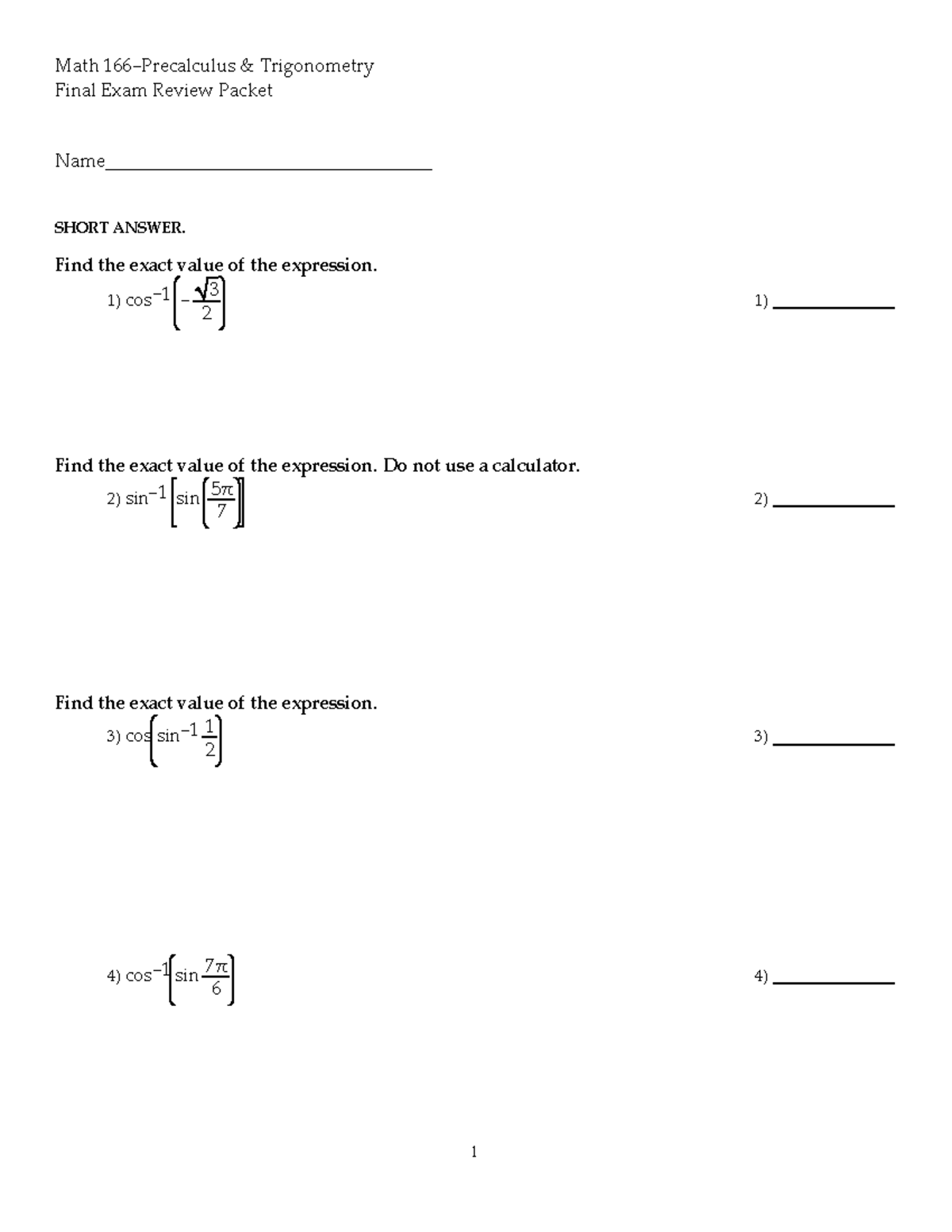 Math 166 - Precalculus & Trigonometry Final Exam Review Guide - Studocu