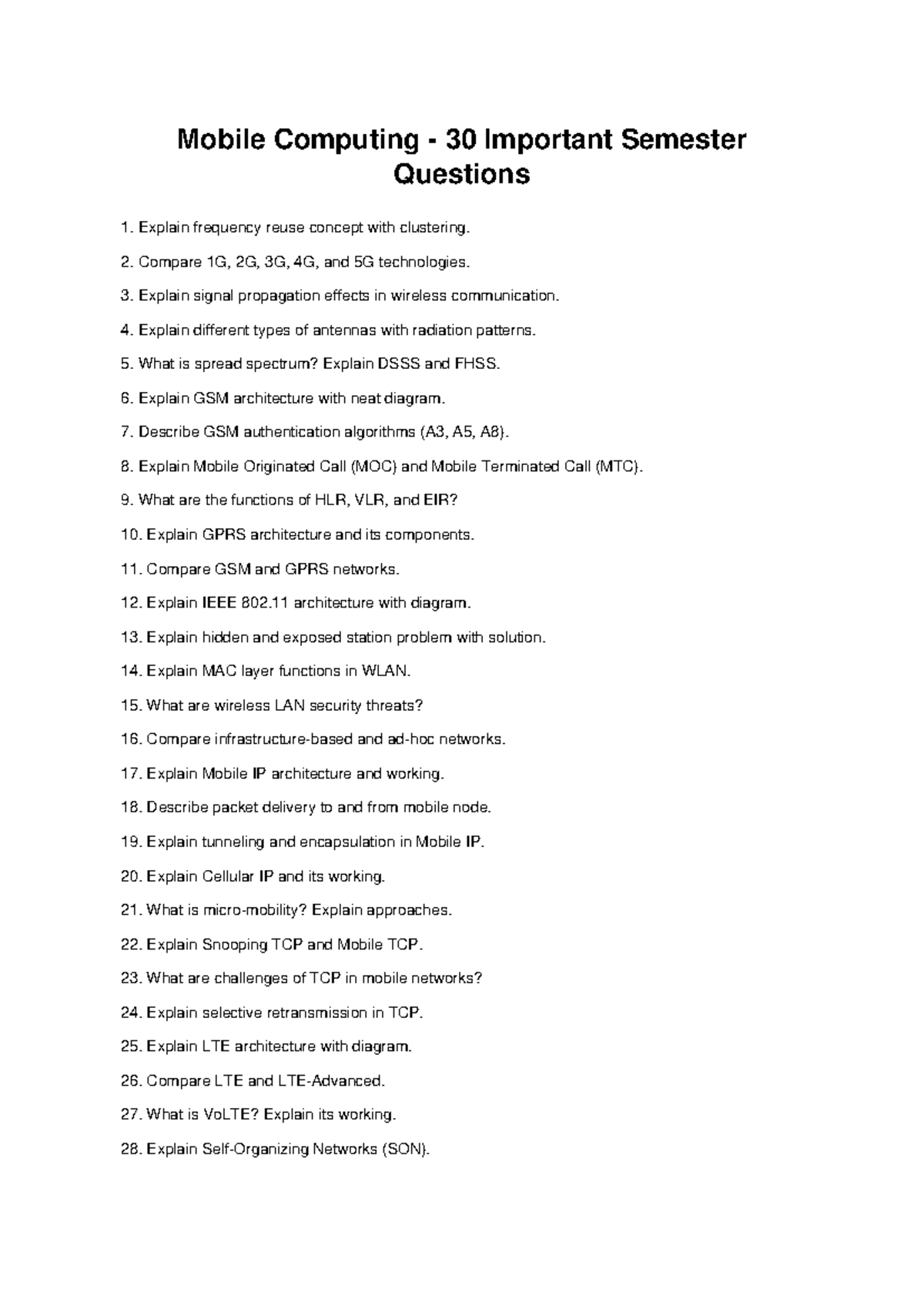 Mobile Computing: 30 Important Questions for Semester Exam - Studocu