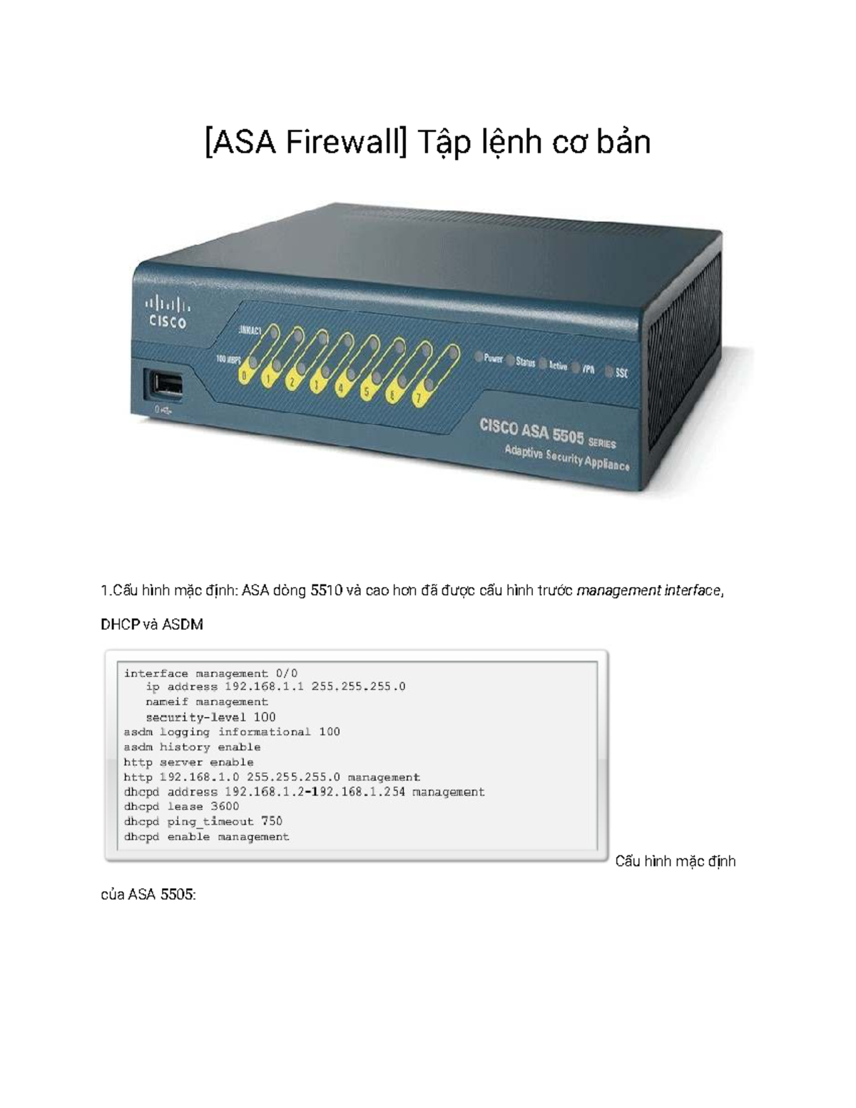 [ASA Firewall] Cấu Hình Cơ Bản và Lệnh Thao Tác - Studocu