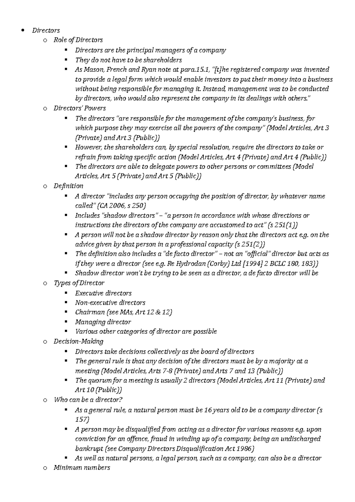 Company Law Notes - Directors and their Duties - Directors o Role of ...