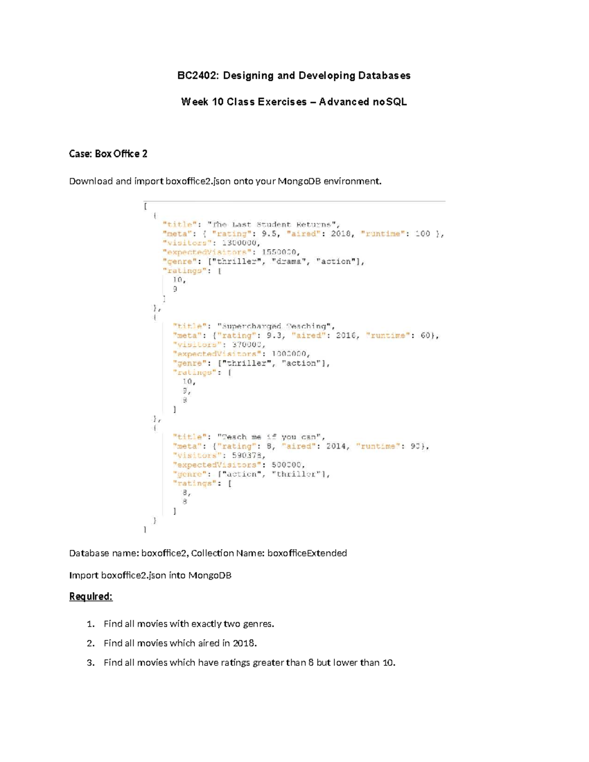 BC2402 Week 10 Database Design Exercises: noSQL Concepts - Studocu