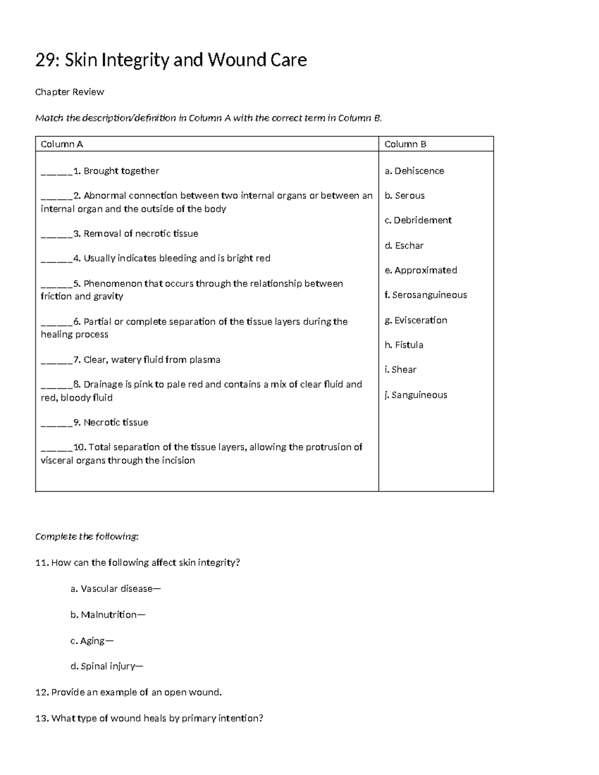 29 Skin Integrity and Wound Care: Comprehensive Chapter Review - Studocu