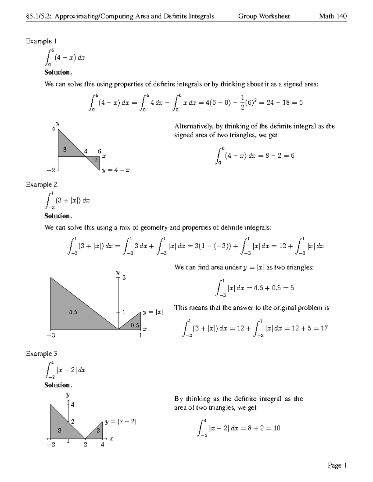 Math 140 Area and Definite Integrals Group Worksheet Solutions - Studocu