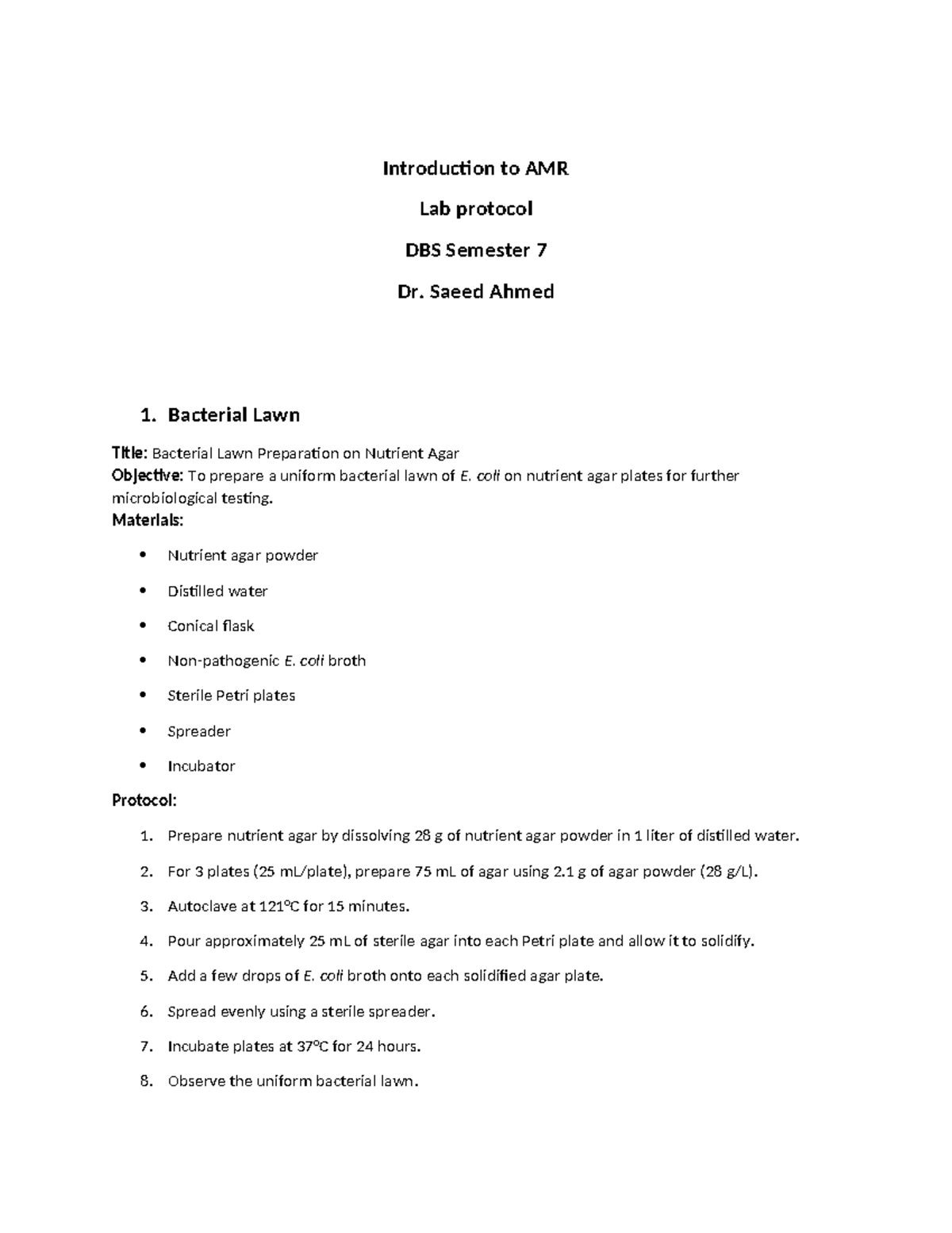 AMR Lab Protocols for Bacterial Testing - DBS Semester 7 - Studocu