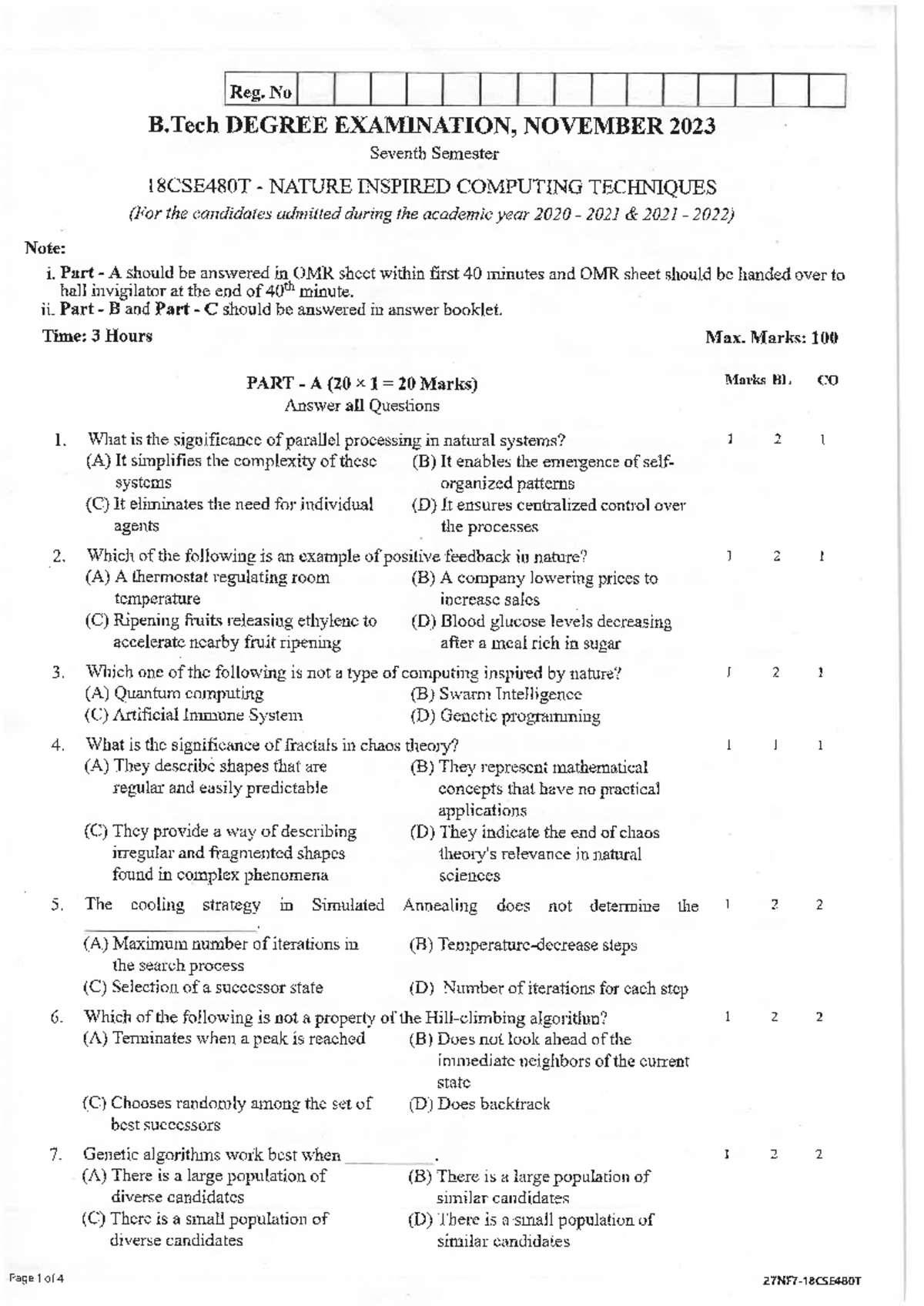 18CSE480T Nature Inspired Computing Techniques Exam Paper 2023 - Studocu