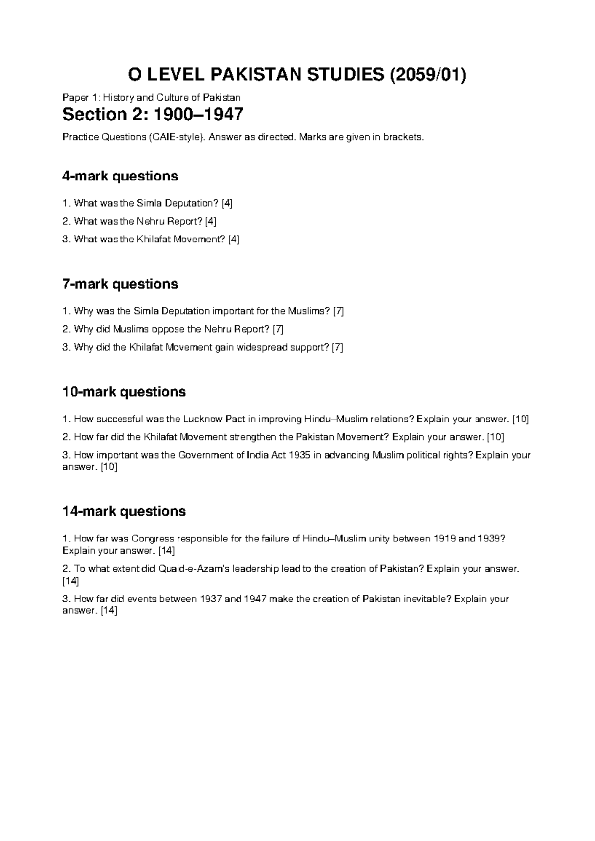 O LEVEL PAKISTAN STUDIES P1: History & Culture Practice Qs 1900-1947 ...
