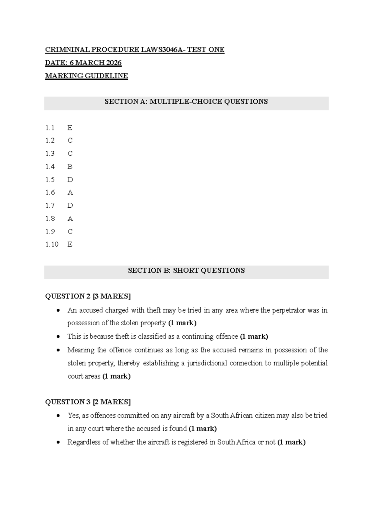 CRIM 101: Criminal Procedure Test 1 Marking Guideline (6 March 2026 ...