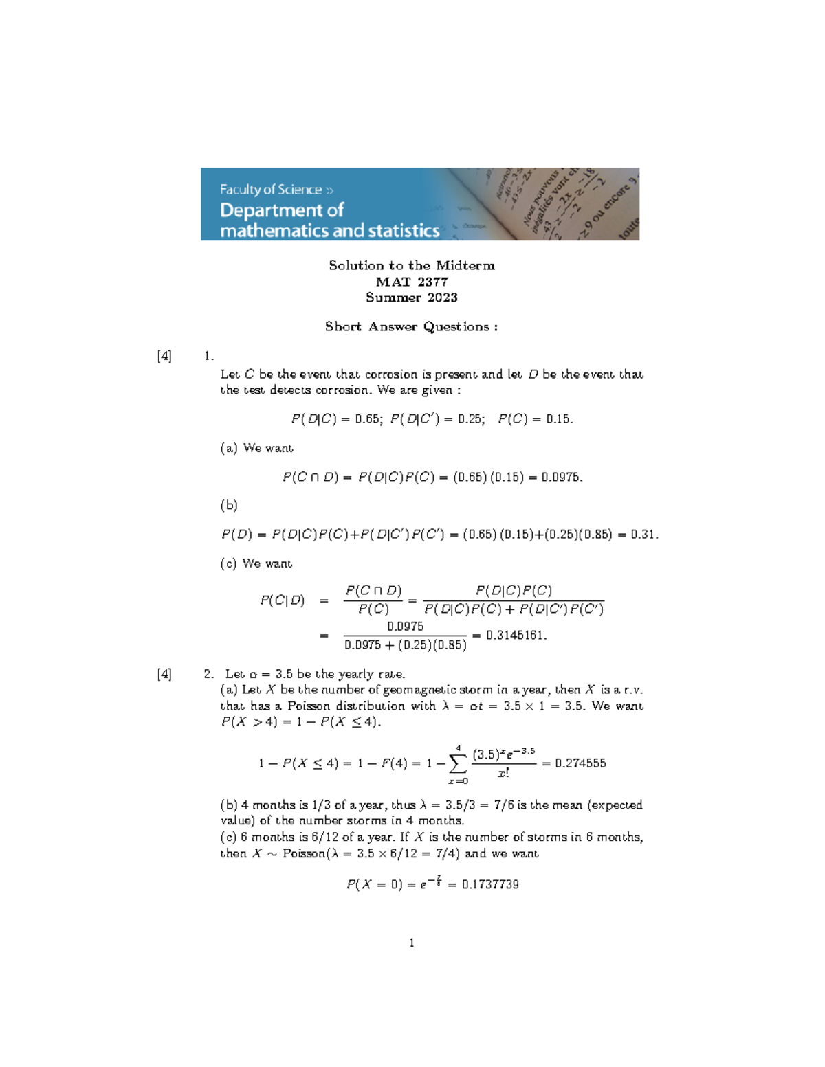 MAT2377 Summer 2023 Midterm Solutions and Answer Key - Studocu