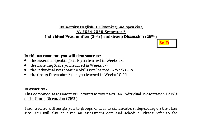 University English II: Listening & Speaking - Set B Individual ...
