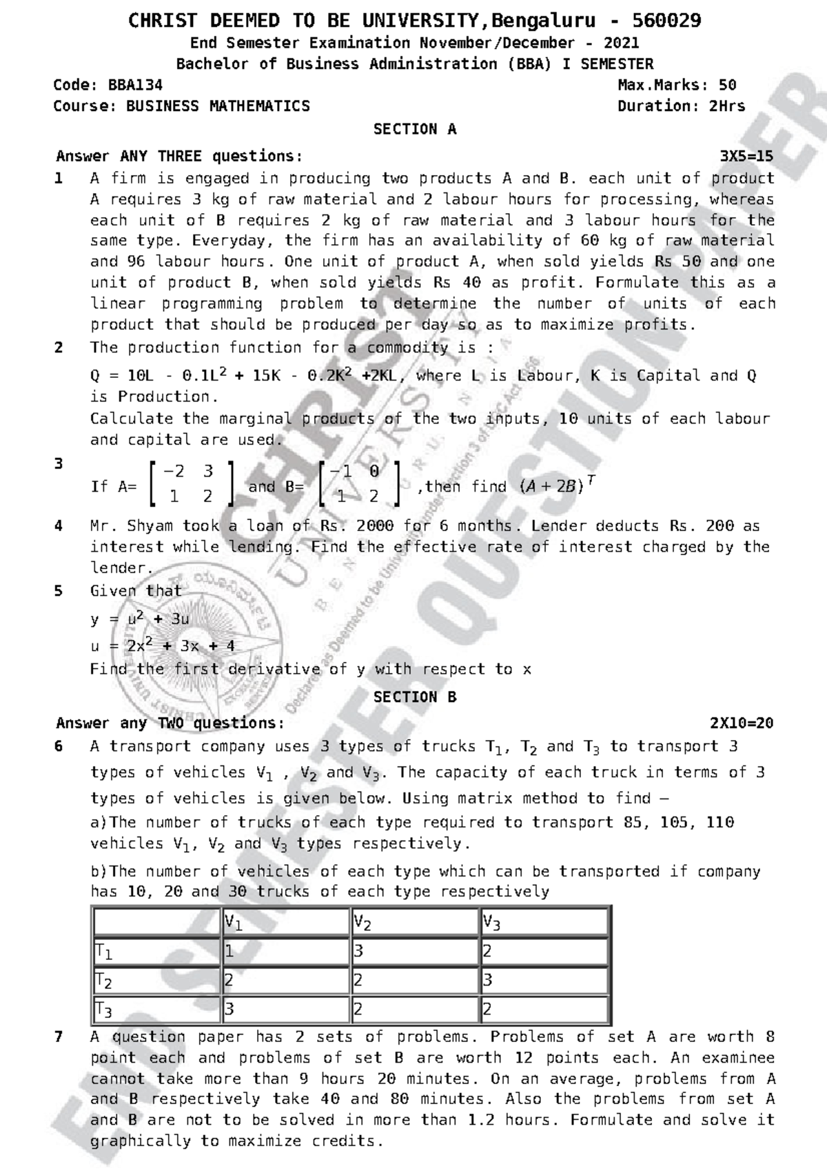 BBA134 - Business Mathematics End Sem Exam Question Paper 2021 - Studocu