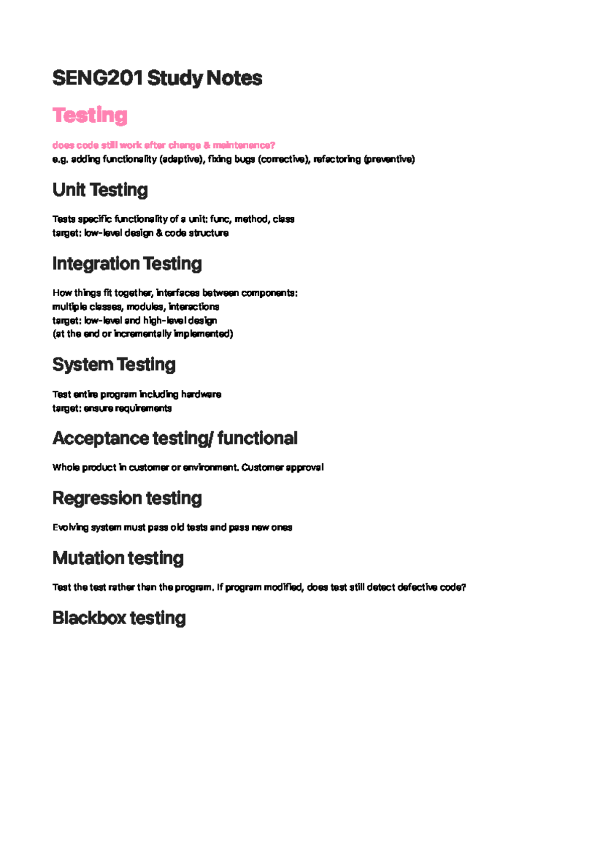 Exam SENG Notes - SENG 201 Study Notes Testing does code still work ...