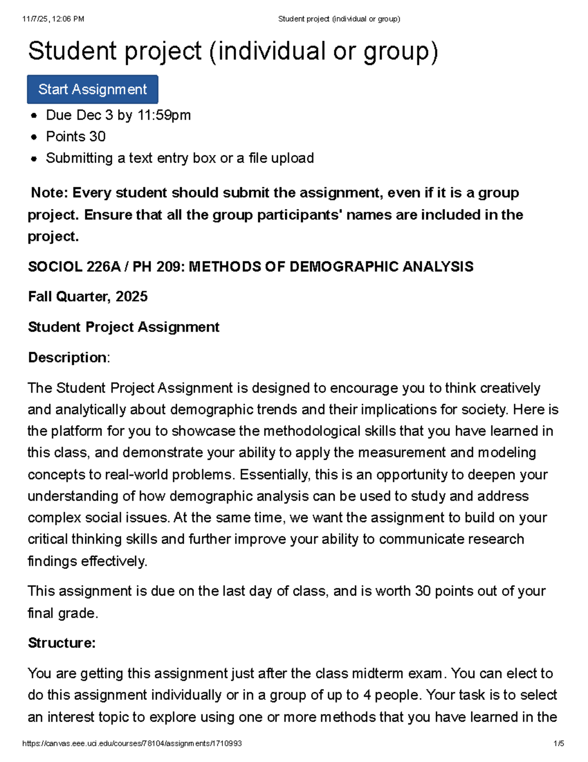 SOCIOL 226A PH 209: Demographic Analysis Student Project Guidelines ...