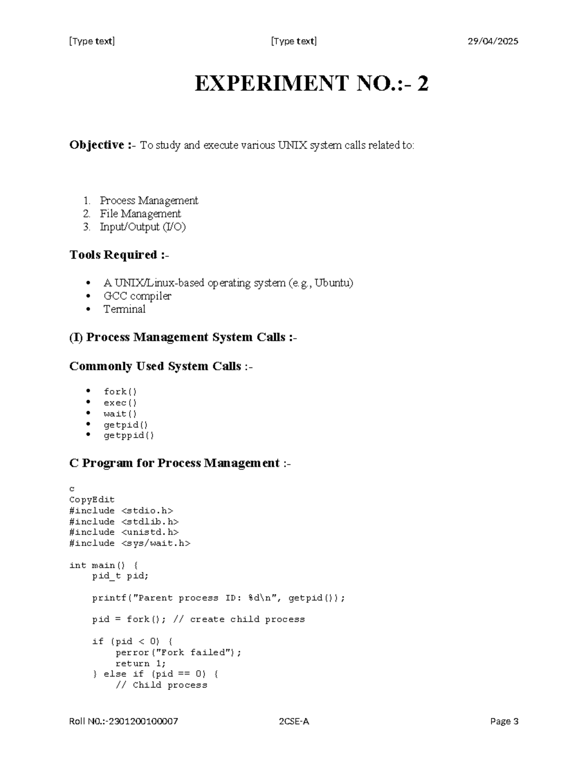 UNIX System Calls: Process & File Management - Experiment 2 - Studocu