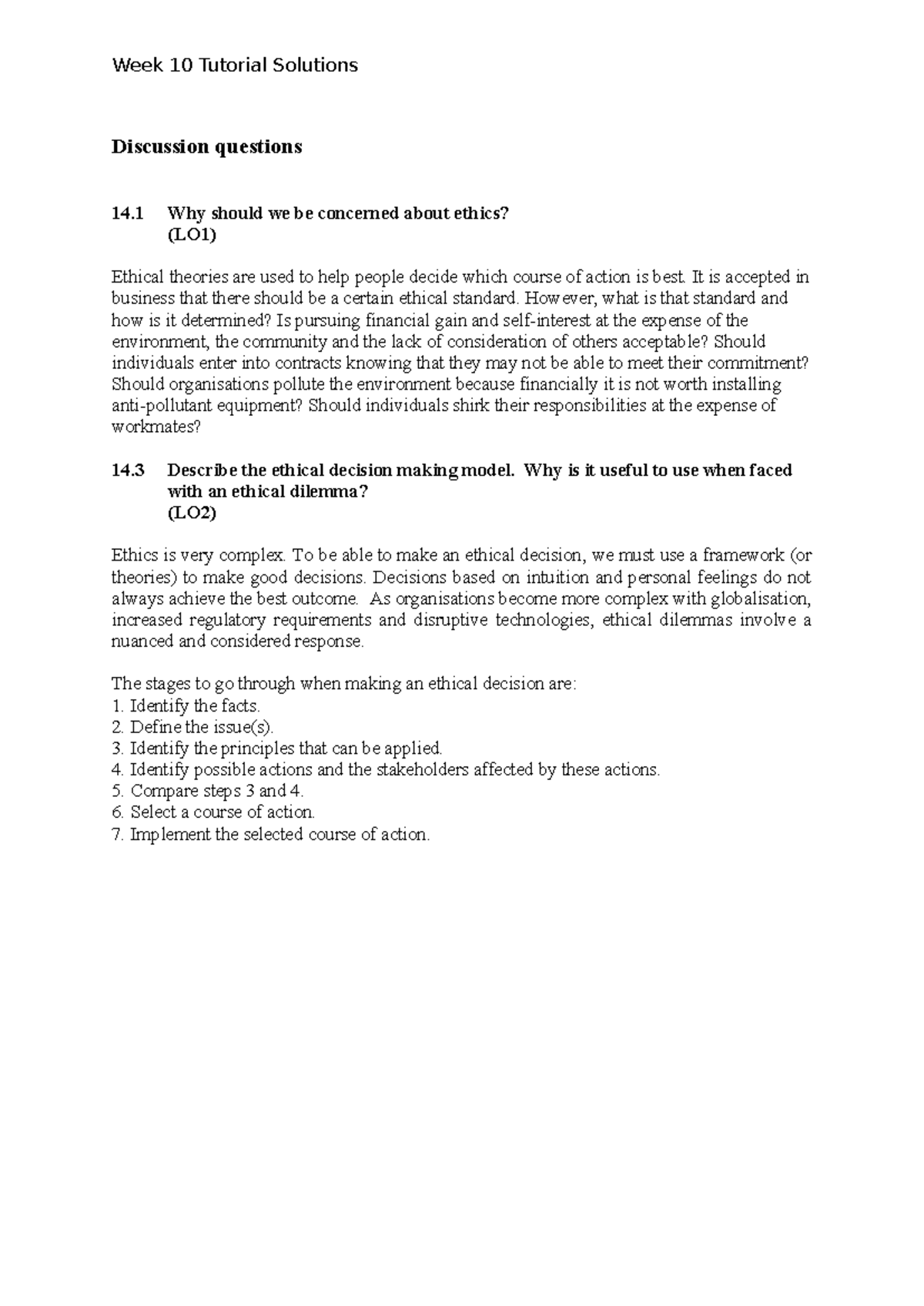 Week 10 Tutorial Solutions: Ethics in Decision Making (LO1 & LO2) - Studocu