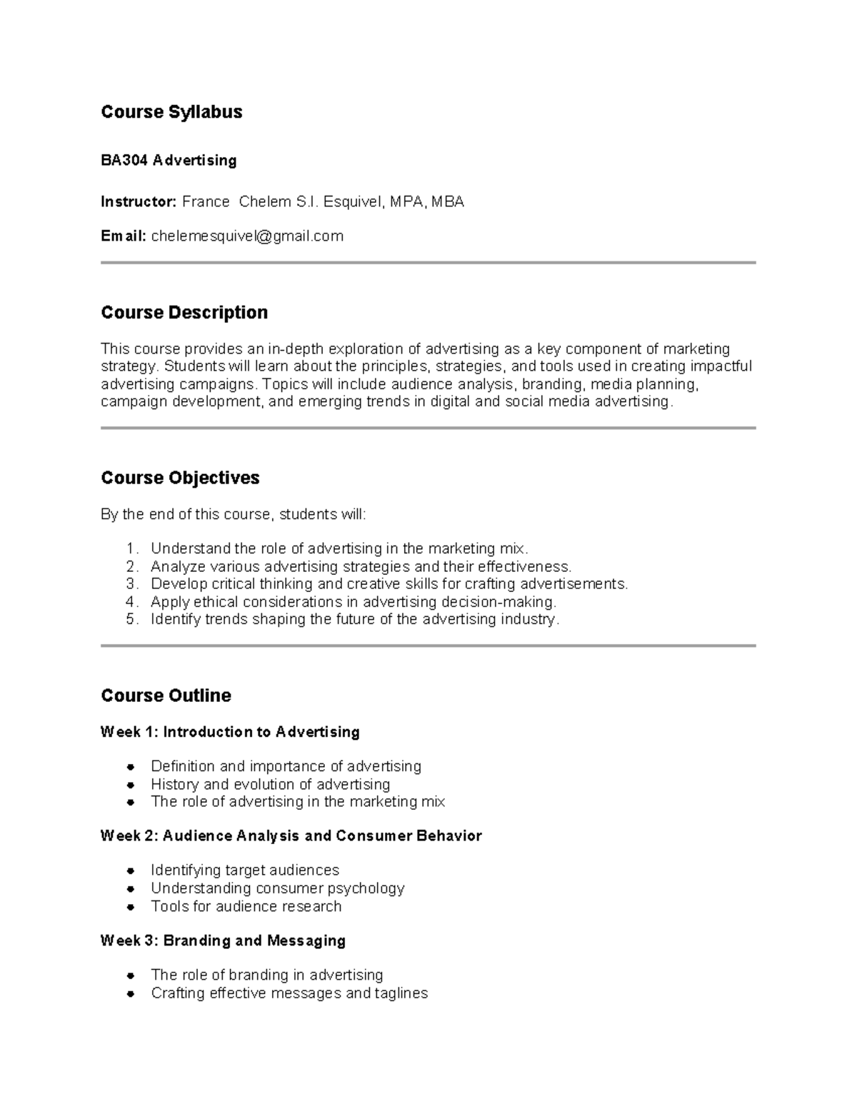 Syllabus Draft Basis Adv - Course Syllabus BA304 Advertising Instructor ...