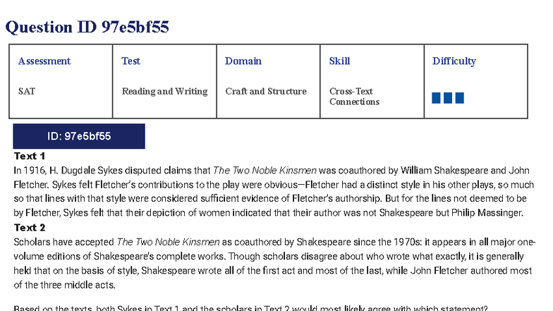SAT Suite Question Bank Cross-Text Connections answers - Question ID ...