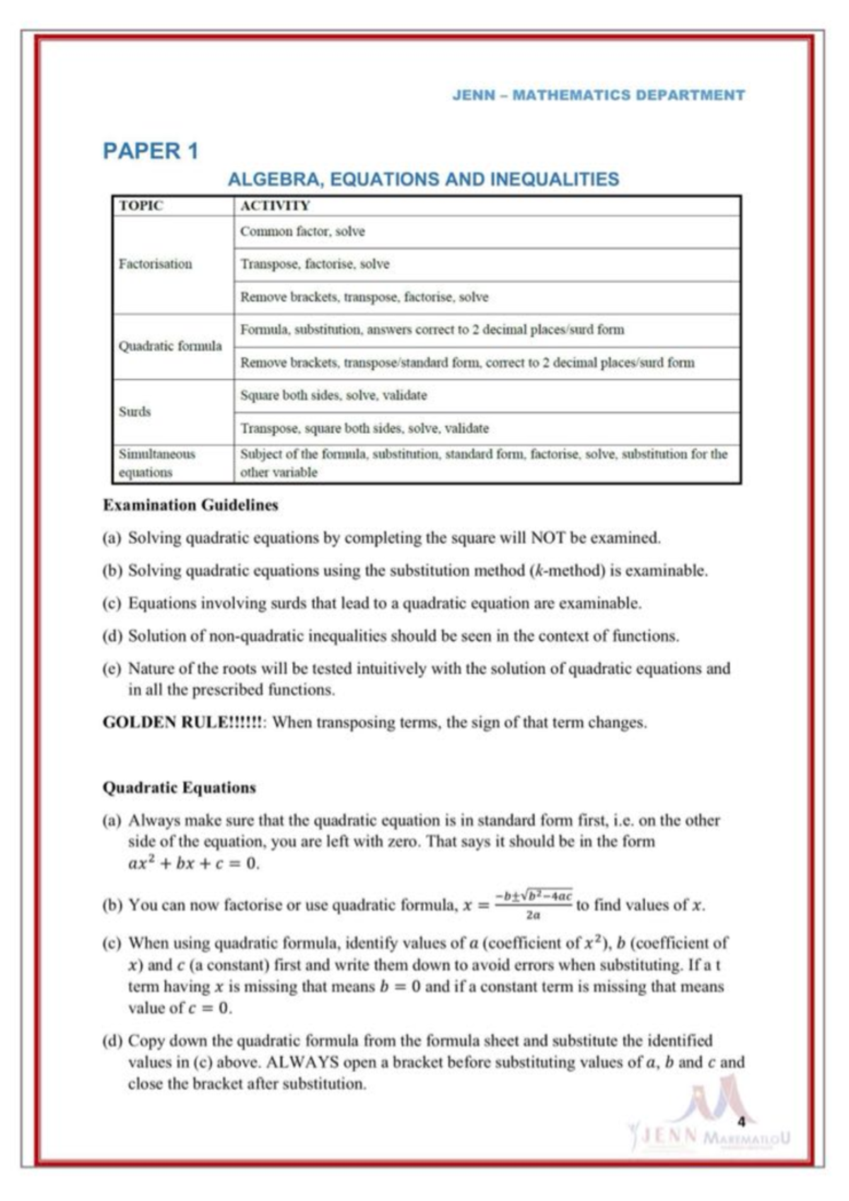 Mathematics Notes: P1 Algebra, Equations, and Inequalities Review - Studocu