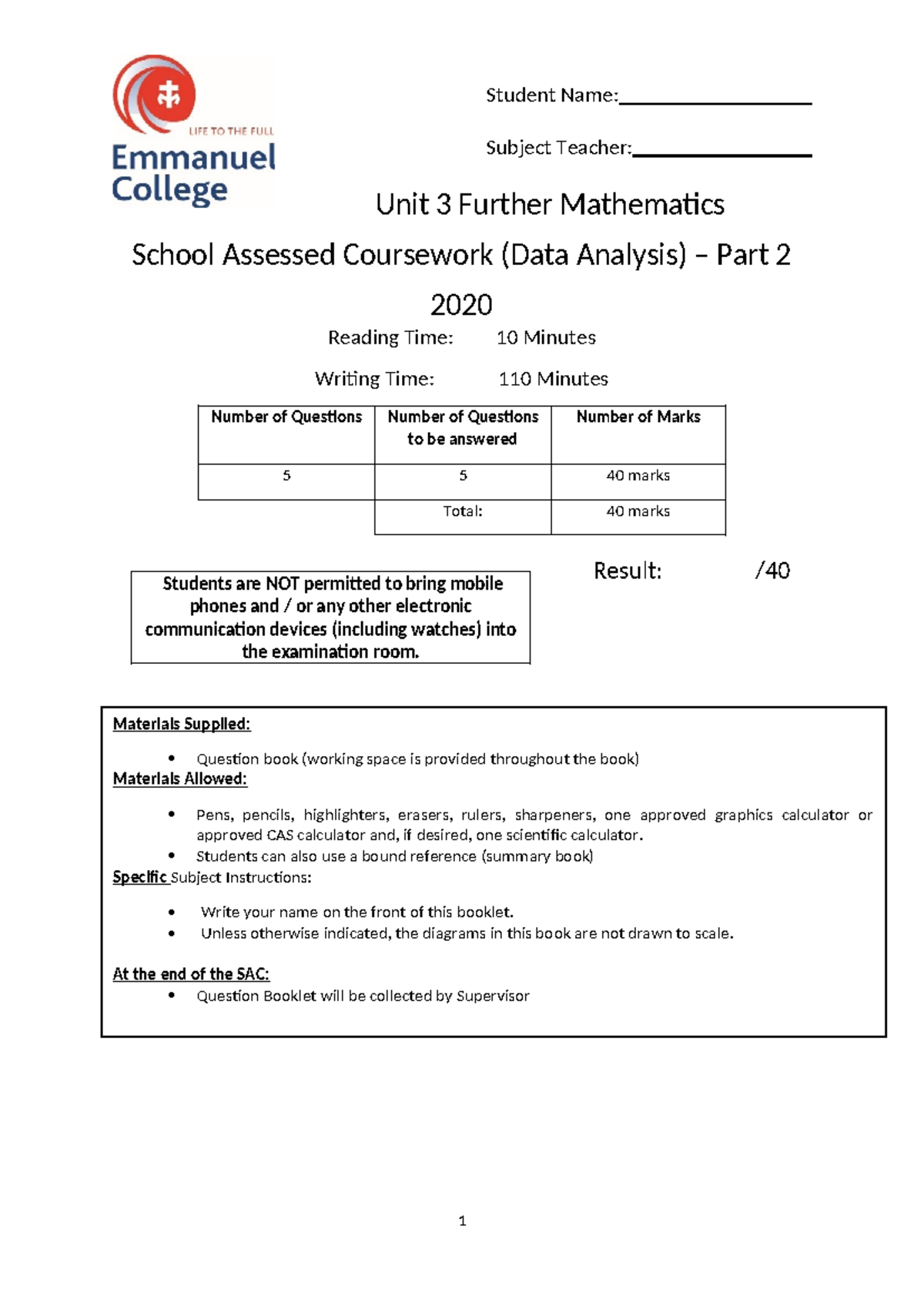 FM Unit 3 SAC 2: Data Analysis Coursework Part 2 (2020) - Studocu