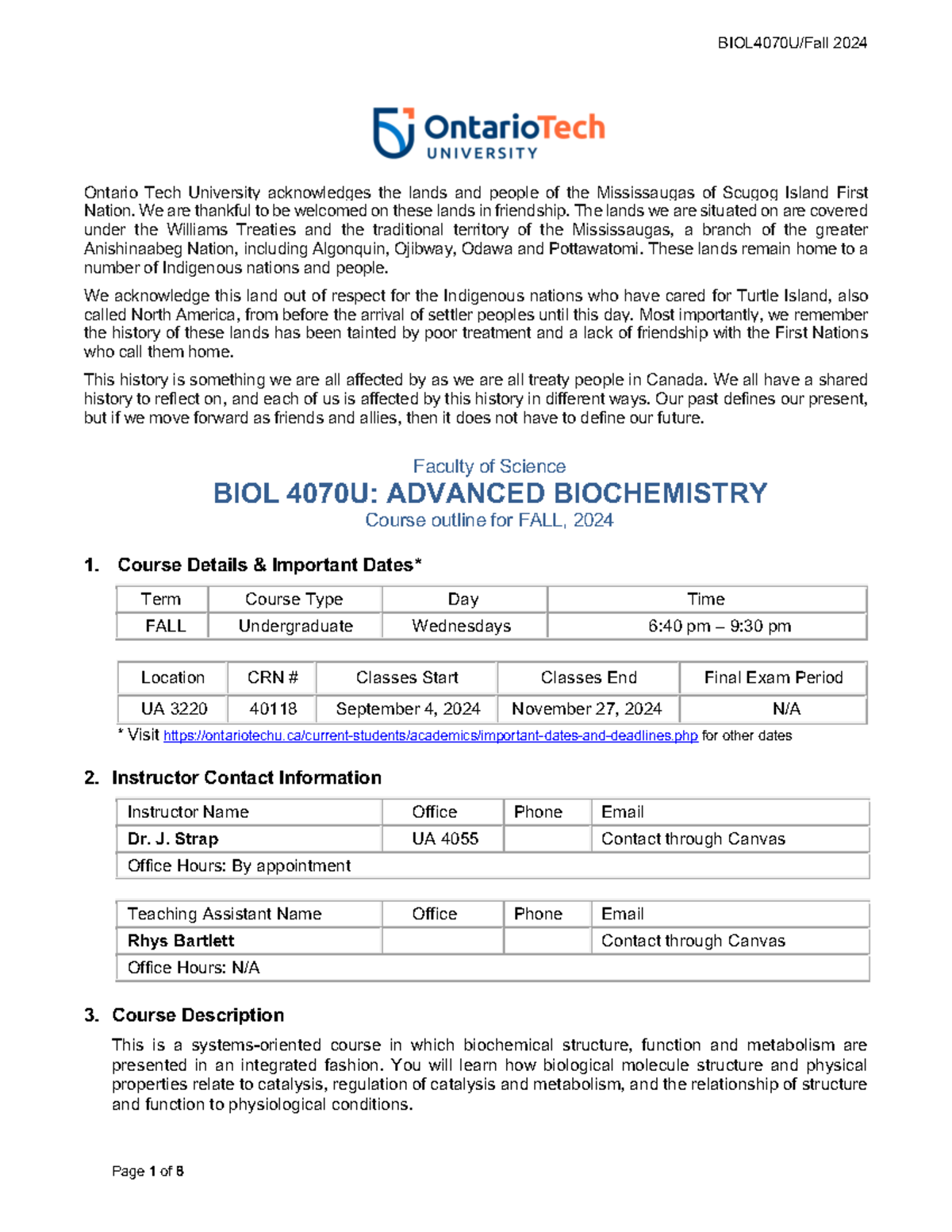 Syllabus for BIOL 4070U: Advanced Biochemistry - Fall 2024 Final - Studocu