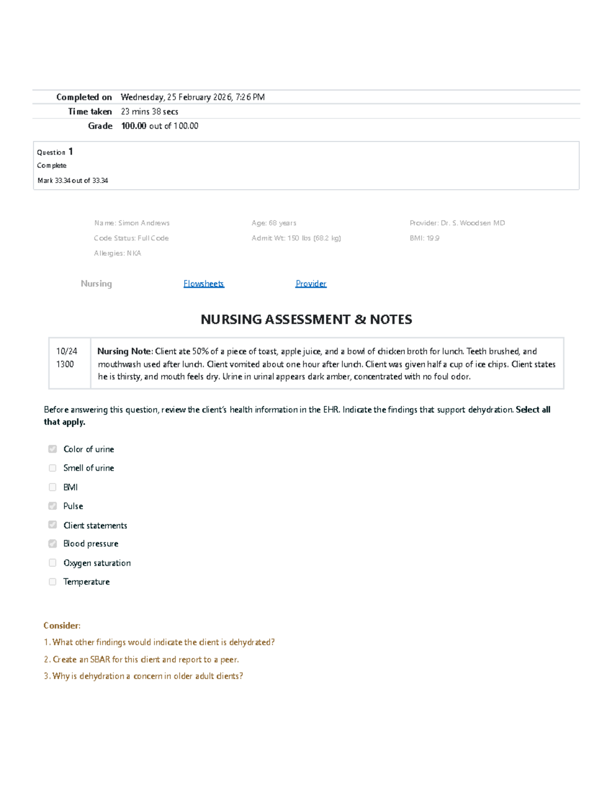 NURS 101: Nursing Assessment Notes for Simon Andrews (68 y/o) - Studocu