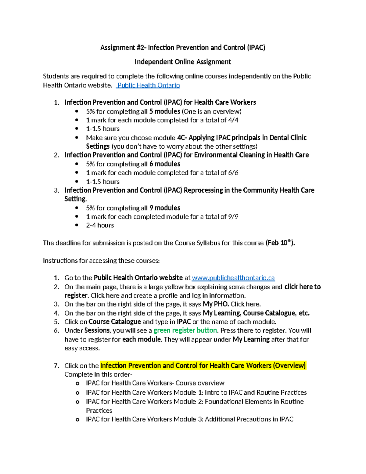 Assignment #2: IPAC Modules from Public Health Ontario - Studocu