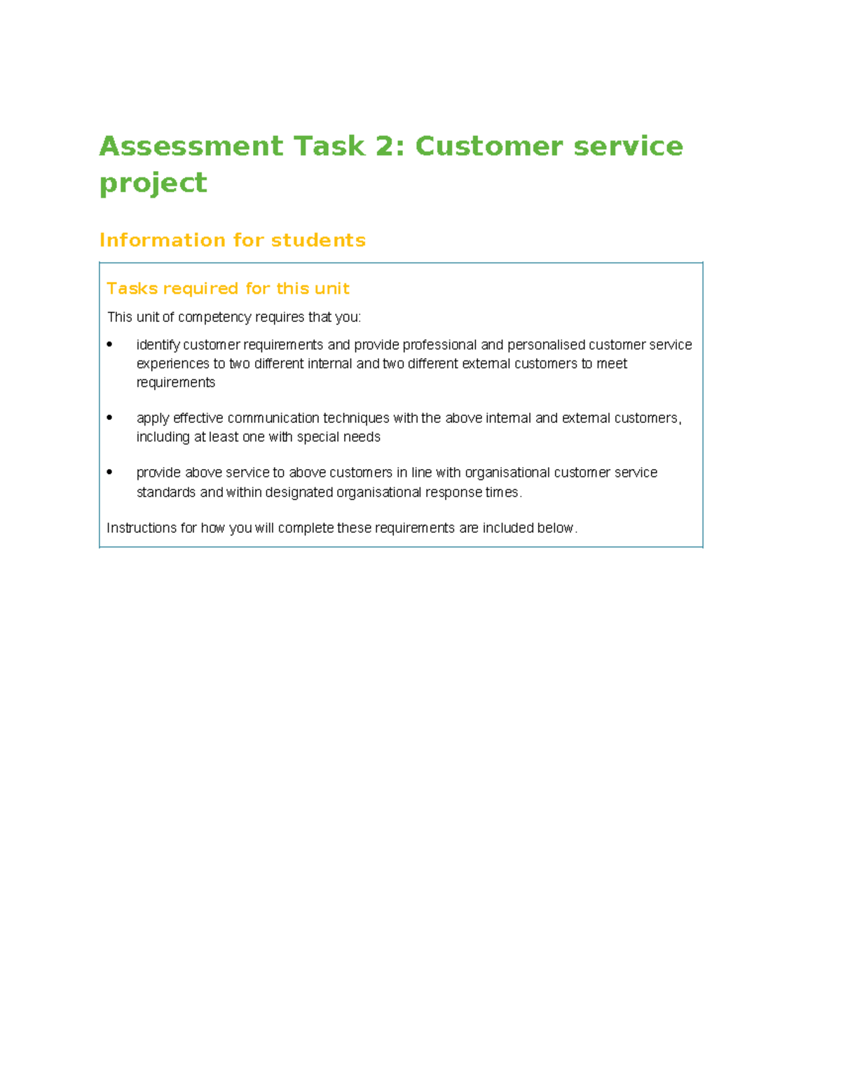 Assessment Task 2: Customer Service Project Guidelines for Students ...
