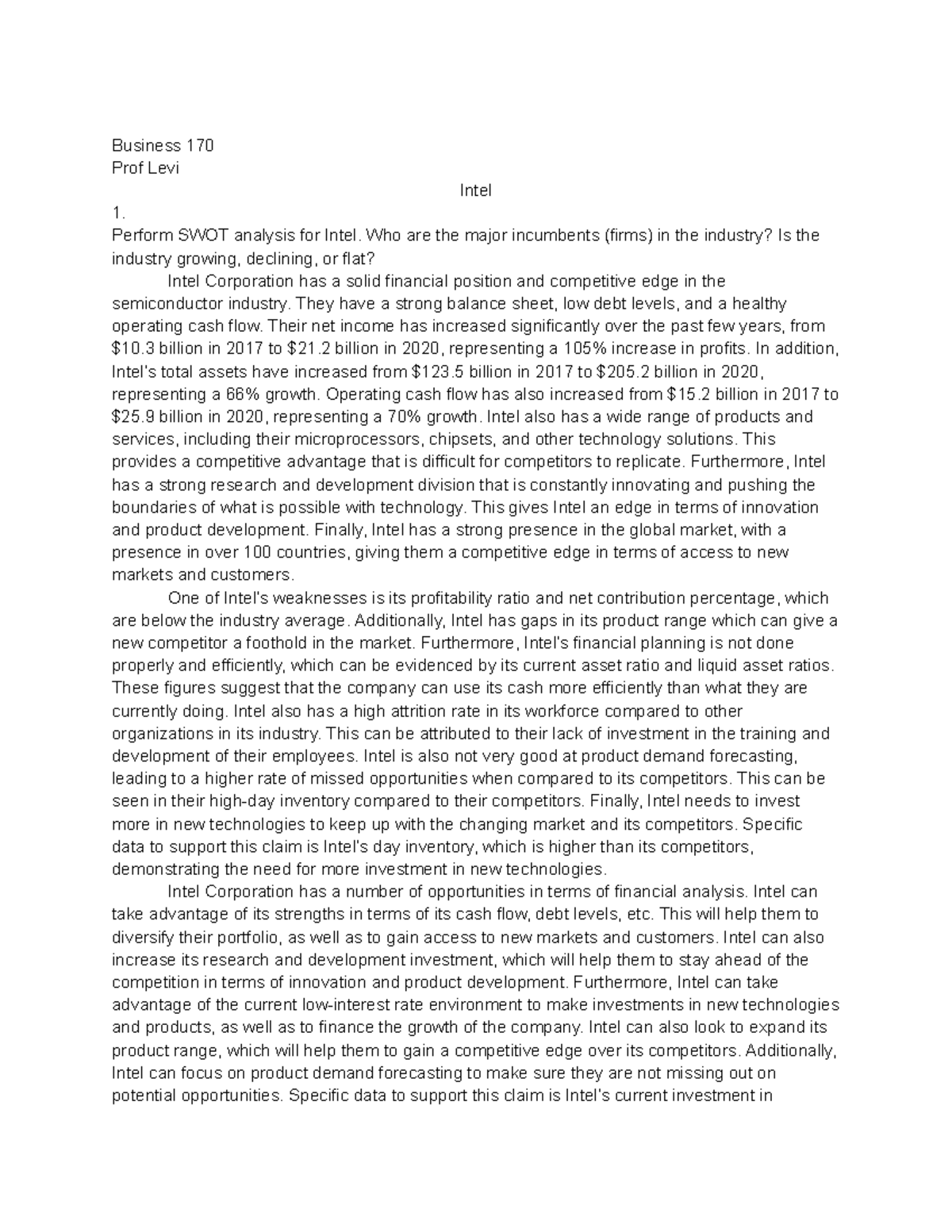 SWOT analysis intel BUS170 - Business 170 Prof Levi Intel 1. Perform ...