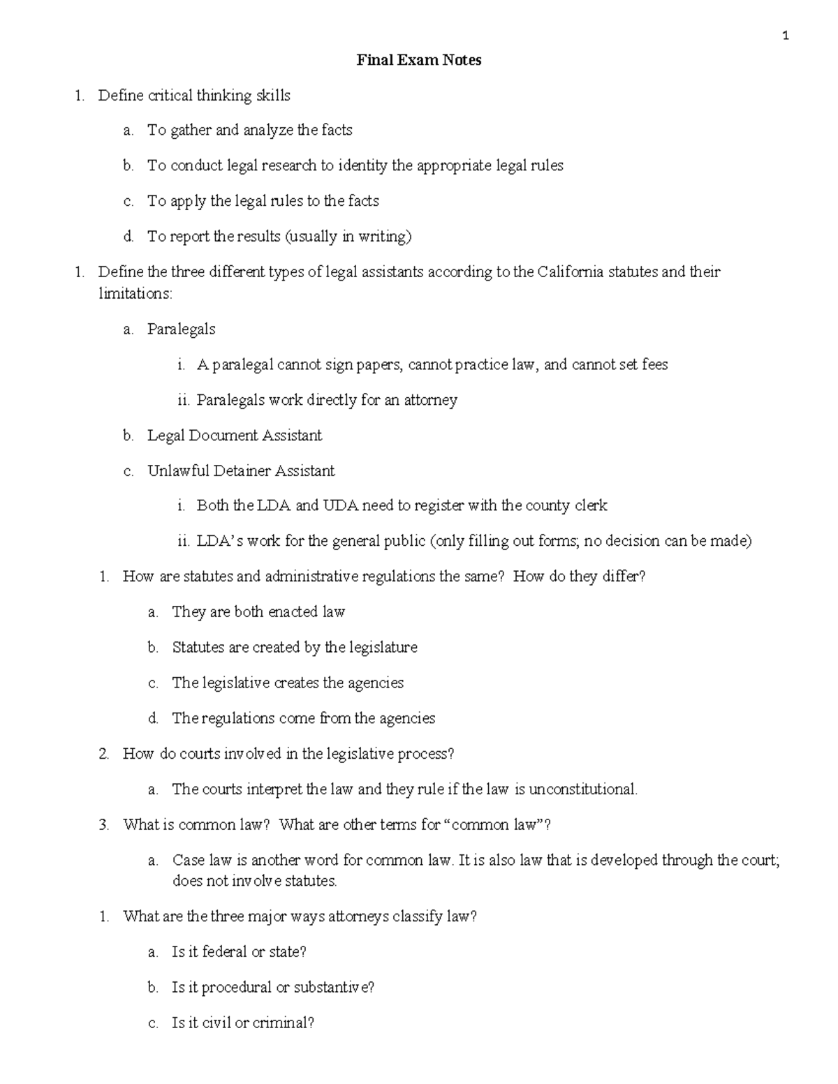 LAW 101 Final Exam Notes: Critical Thinking & Legal Concepts - Studocu