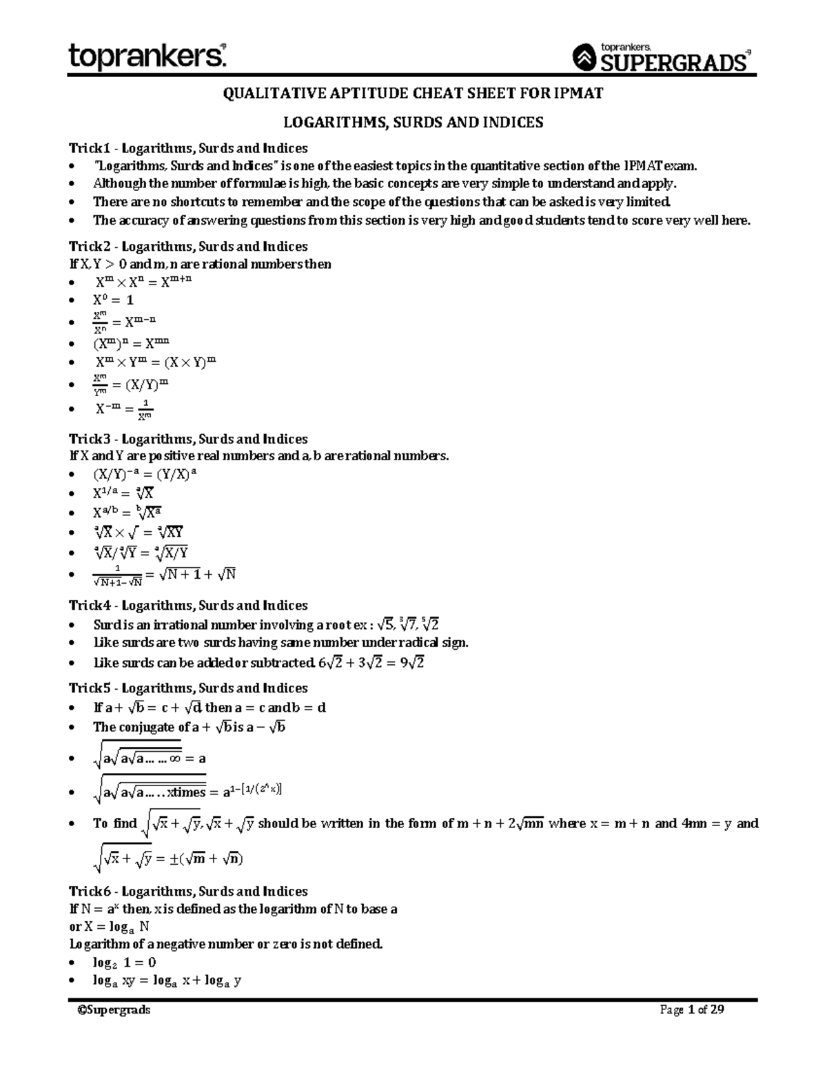 QA Cheat Sheet 02 for IPMAT: Logarithms, Surds & Indices - Studocu