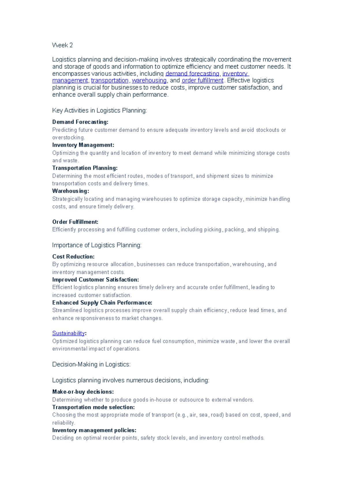 Logistics Planning: Key Activities & Importance - Notes - Studocu