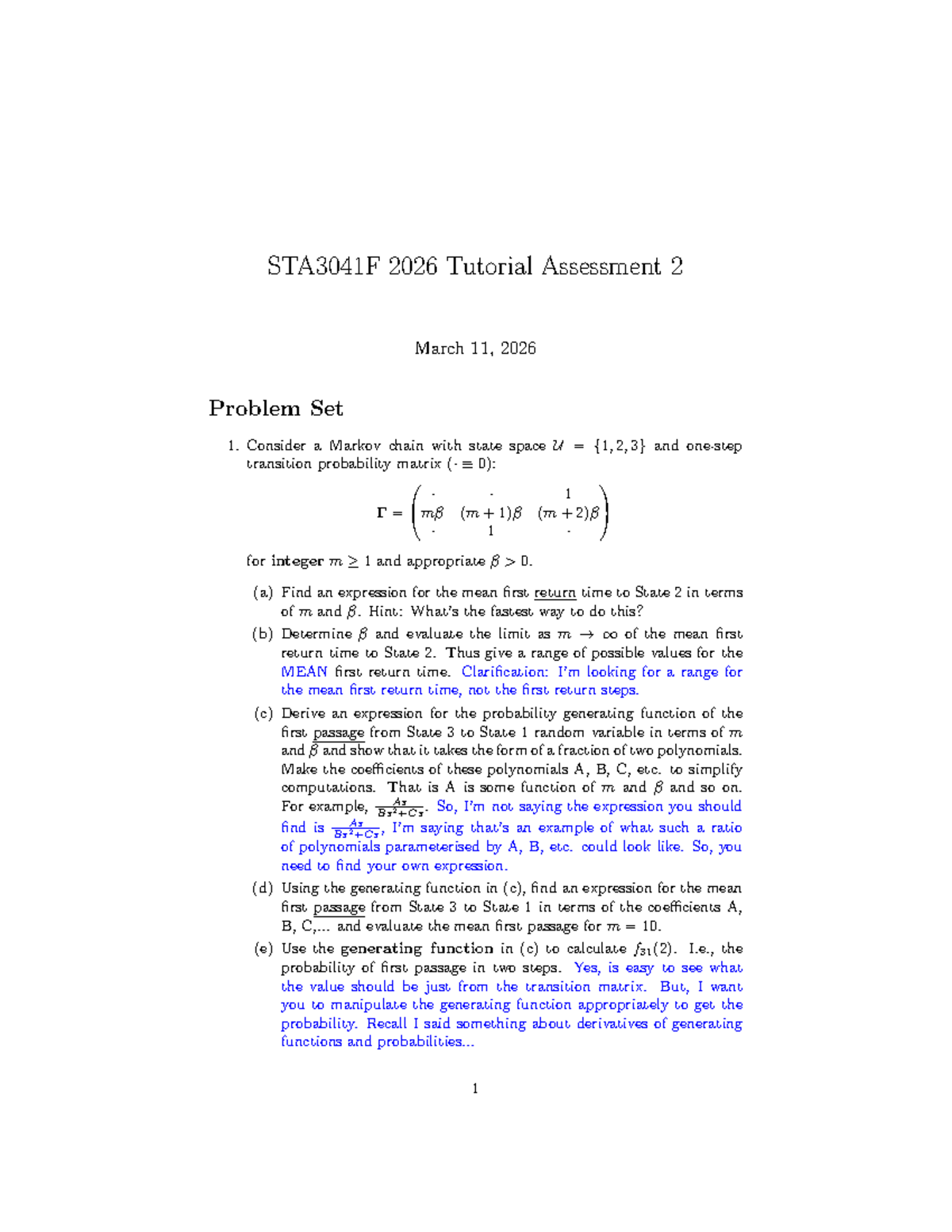 STA3041F 2026 Tutorial Assessment 2: Markov Chain Problem Set - Studocu