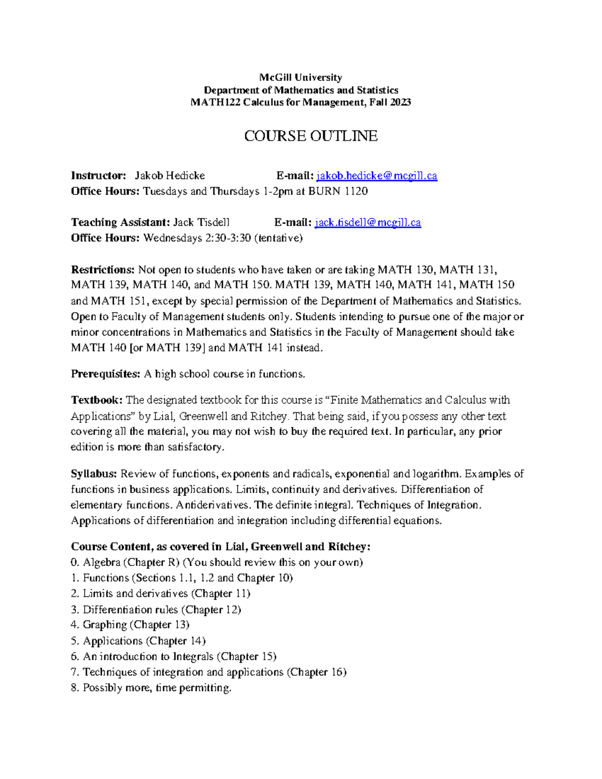 MATH122 Fall 2023 Course Outline - Calculus for Management - Studocu