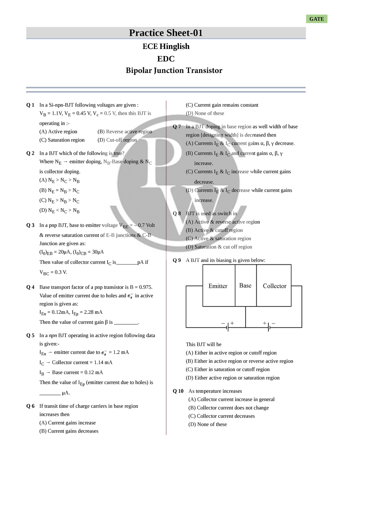 BJT Concepts Practice Sheet 01 - GATE ECE Notes by Chandan Gupta - Studocu