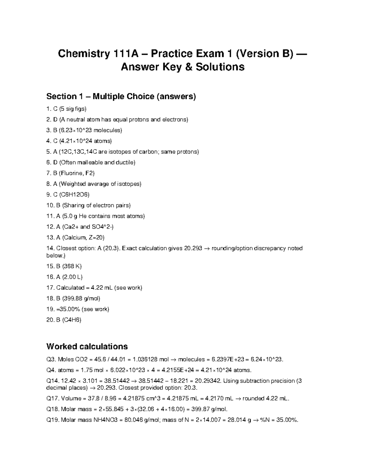 Chemistry 111A Practice Exam 1 (Version B) Answer Key Solutions - Studocu