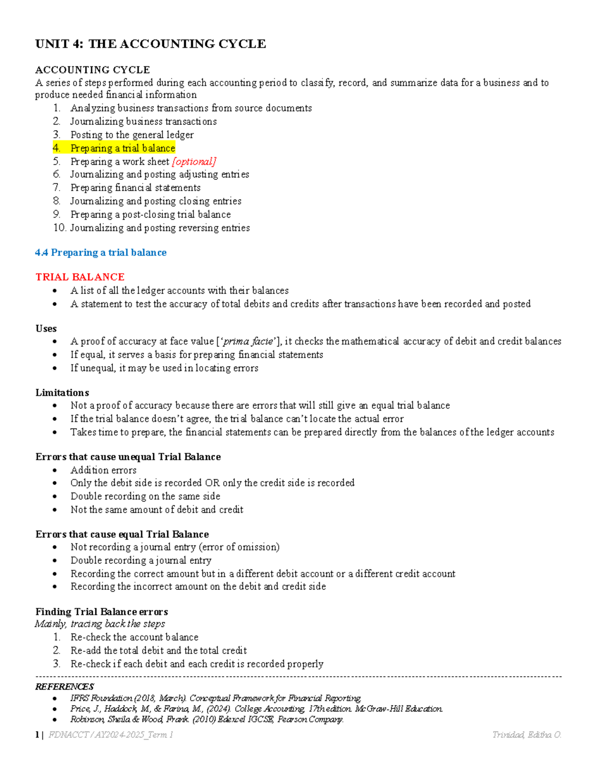 FDNACCT Unit 4.4: Preparing a Trial Balance Guide for AY 2024-25 - Studocu