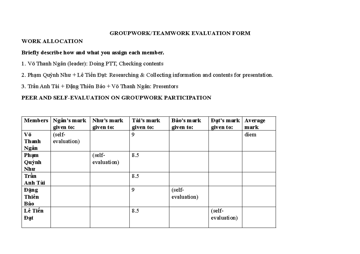 Group 8 - Evaluation Form for Work Allocation and Participation - Studocu